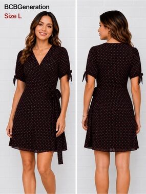 BCBGeneration Black Red Polka Dot Wrap Dress Short Sleeve Mini Dress feminine /L